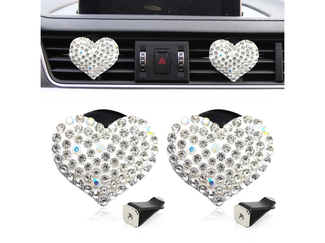 2 Pieces Bling Crystal Heart Car Vent Clips Sparkling Air Freshener and Decorative Accessories for Women Men SUV Truck (White)