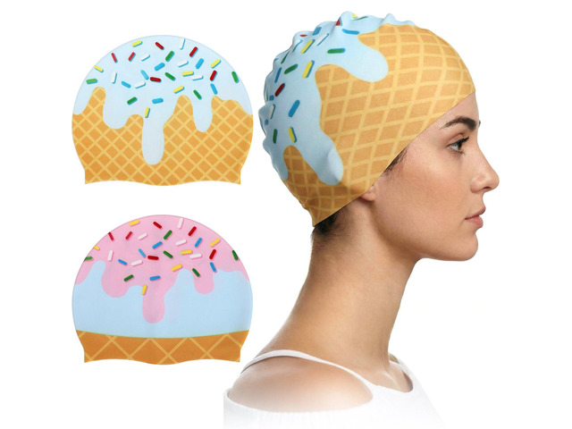 Funny Swim Cap for Women Elastic Non Slip Silicone Ice Cream Cute Swim Cap for Adult with Dimension Height 7.6, Opening 7.6, Easy Wear and Removal...