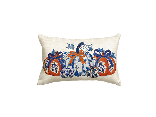 Fall Pumpkins Chinoiserie Throw Pillow Cover 12x20 Inch Grandmillennial Blue and Orange Seasonal Autumn Thanksgiving Harvest Decoration for Sofa...