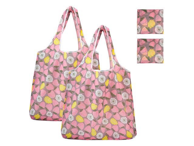 Foldable Reusable Shopping Grocery Bags, Lightweight, Washable, Cute Packable Polyester Tote Bag (2, Strawberry)