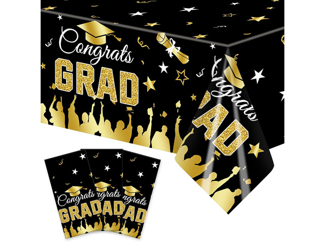 3-Piece 54 x 108 Inch Graduation Plastic Tablecloth - Congrats Grad Design Disposable Rectangle Table Cover for College High School Class of 2026...