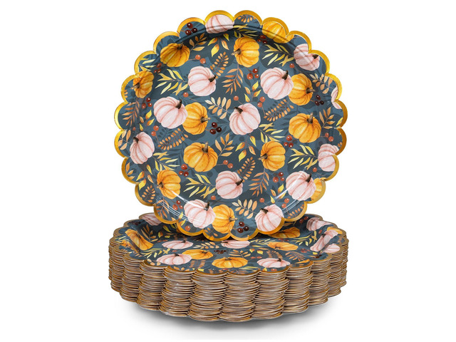 Thanksgiving Paper Plates, 50-Count Disposable Thanksgiving Dinner Plates, Scalloped, Party Supplies, Pumpkins, Slate Grey