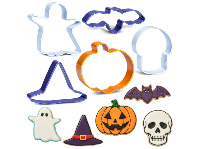 Halloween Cookie Cutters, 5-Piece Small Metal Cookie Cutters, Stainless Steel Halloween Baking Supplies, Ghost, Bat, Skull, Pumpkin, Witch's Hat