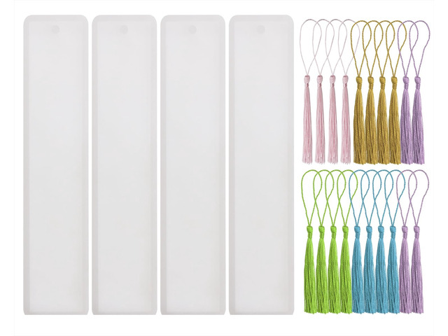 Bookmark Mold with Tassels 4Pcs Rectangle Silicone Jewelry Making Mould with 20Pcs Colorful Silky Tassels for Epoxy Resin Casting Christmas...