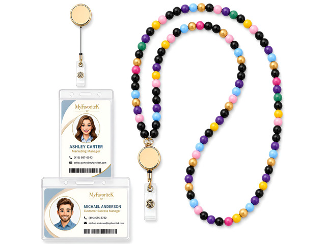 MyfavoriteK Fun Colorful Retractable Wooden Neck Lanyards for Id Badge Reel Beaded Teacher Lanyards for Women Men (Cute)