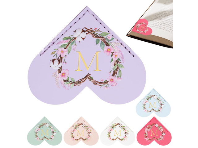 6 Pack Macaron Colorful Bookmarks,Heart Shape Leather Bookmark Set with Floral Initials,Cute UV Printed Design,Bulk Graduation Gifts for Students...