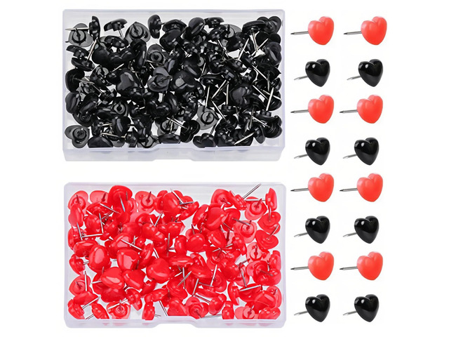 Plastic Heart Push Pins for Message Boards, Total 100Pcs, Red and Black Pinhead, Metal Needle Map Tacks, Travel Location Indicator Pins for Saint...
