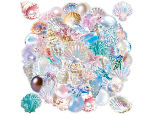 50pcs Sea Shell Stickers Aesthetic PET Conch Stickers Clamshell Pearls Decal Waterproof Decorative Decals for Scrapbook DIY Crafts Album Bullet...