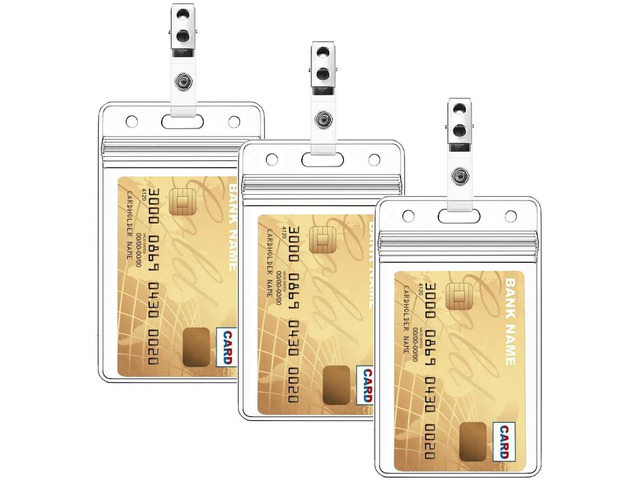 3 Pack Waterproof Vertical ID Badge Holder Vertical Clear PVC Name Holder Tags with Badge Clip Straps (Clips ID Badge Holder, 3 Pack -)