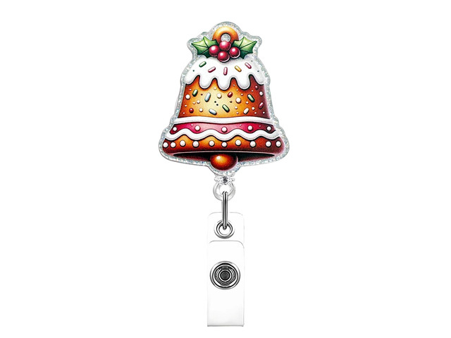 Christmas Bell Shape Badge Reels Retractable Festive Holiday Nursing ID Badge Holder with Cake Glitter Designs Acrylic 360° Rotating with Alligator...
