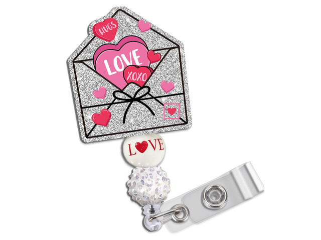 Obookey Valentines Badge Reel, Cute Heart Envelope ID Badge Reel with Retractable Clip, Glitter Valentines Day Badge Holder for Office Worker...