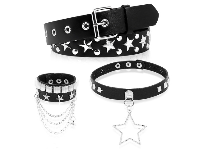 ZAGQIG 3Pcs Black Studded Belt Leather Rivet Cuff Bracelet Gothic Studded Choker Necklace Y2K Belt Grunge Emo Punk Rock Accessories Set for Women...