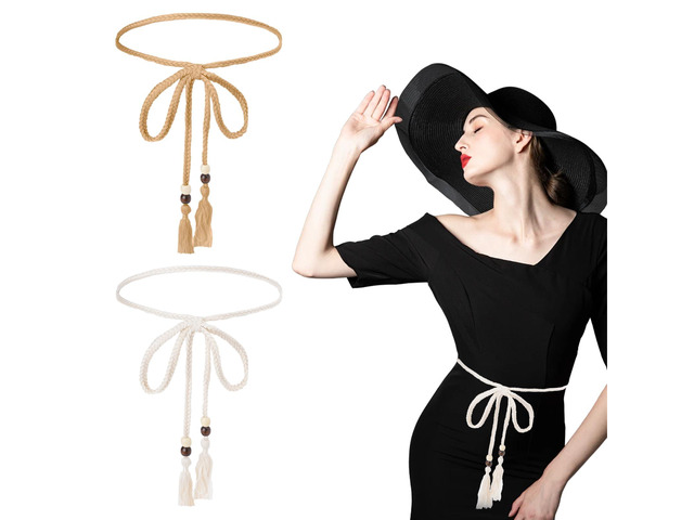 2 Pcs Women'S Braided Knotted Tassel Belt,Trendys Rope Chain Ties Waistband Decorative Thin Belts for Women Trendys,Cotton Rope Belts for Thin...