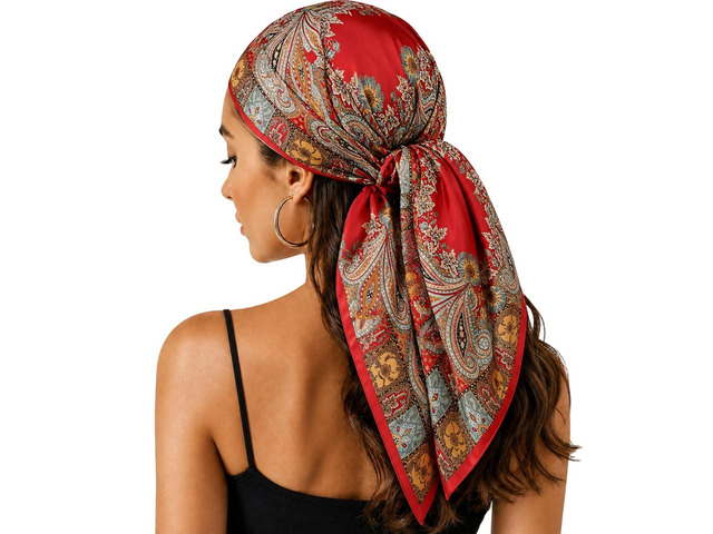 Head-Scarf for Women Silk-Feeling-Scarf Hair Scarf Boho-Print Bandanas 35 Inches Square (Red)
