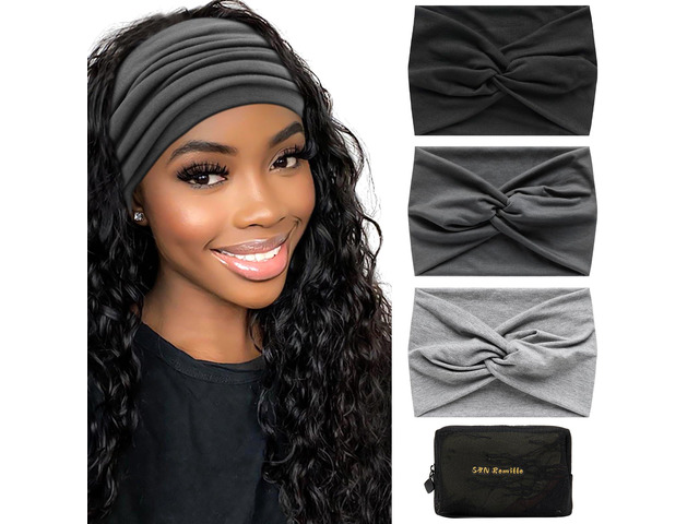 S & N Remille Wide Headbands for Women, Large Hairband, Elastic Non-Slip Headband Twist Knotted Accessories, Yoga Workout Vintage Hair 3 Pack (Colour-9)