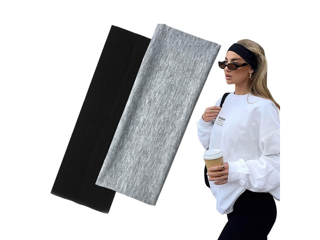 7cm Wide Black Headbands for Women Men, 2pack Fashion Head Bands for Women's Hair, Soft Fabric Stretchy Hair Bands for Makeup, Yoga, Running...