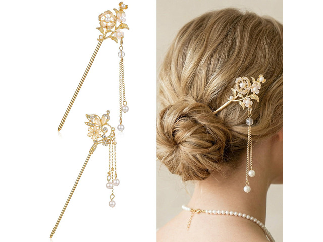Sorcristy 2 Pcs Lily of the Valley Chinese Hair Sticks for Buns Gold Metal Vintage Long Sticks Pins Dangle Tassel Pendant Chopsticks Pearl...