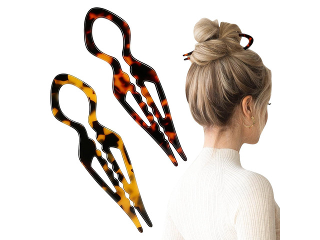 2PCS Prestige French Hair Pins,Acetate Tortoiseshell French Twist Pin,Serrated Anti-Slip Design for All Hair,Curved Shape Conforms to the Head,Hair...