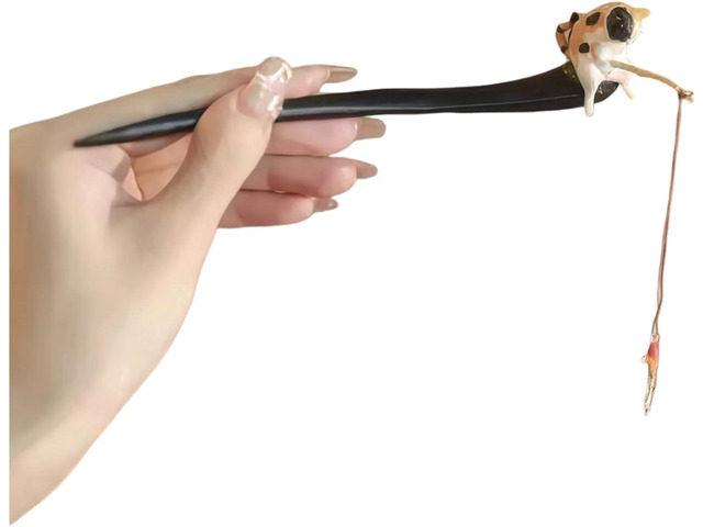 1 Pc Cute Cat Fishing Hairpin Sandalwood Tassel Hair Clip, 7.09Inch Long Hair Sticks, Shawl Hair Pins Retro Chinese Hair Stick
