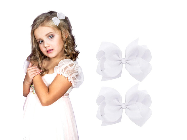 3 Inch White Hair Bow Clips for Girls - Set of 2