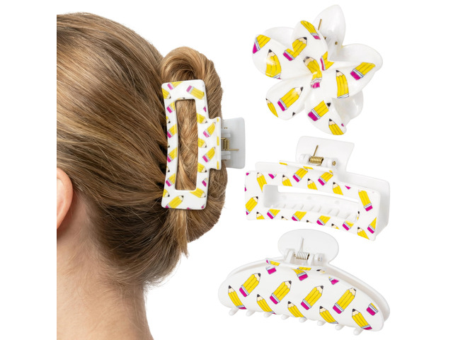 PANTIDE 3Pcs Pencil Hair Claw Clips for Women Girls - Back To School Funny Cute Yellow Pencil Rectangle Flower Banana Nonslip Acrylic Hair Clip...
