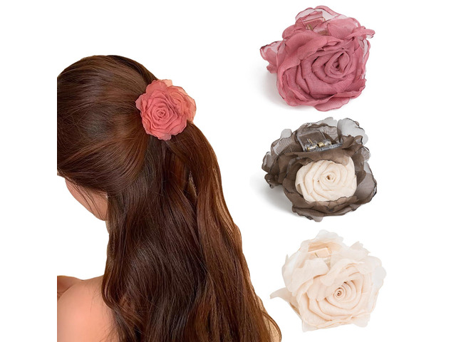 Agirlvct 3 Pack Flower Hair Clip Medium, Small Rose Claw Clips for High Ponytail,Hair Clips Travel Beach Holiday Birthday Gift for Mother Girl...