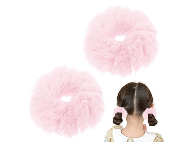 4PCS Pom-Pom Hair Ties,Bright Pink Soft Furry Faux Rabbit Fur Fuzzy Scrunchies,Fluffy Ponytail Holders,Rope Wristband,Hair Ring,Fur Hair...