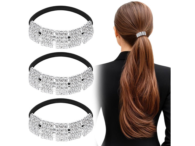3pcs Pony Tails Hair Ties, Crystal Ponytail Holders, Hair Ties, Silver Sparkly Rhinestone, Elastic Scrunchies, for Thin Thick Hair, Rhinestone...