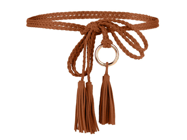 Women's Tassel Braided Waist Belt, Skinny Handwoven Belt with Ring for Dress Waist Belt Rope Chain