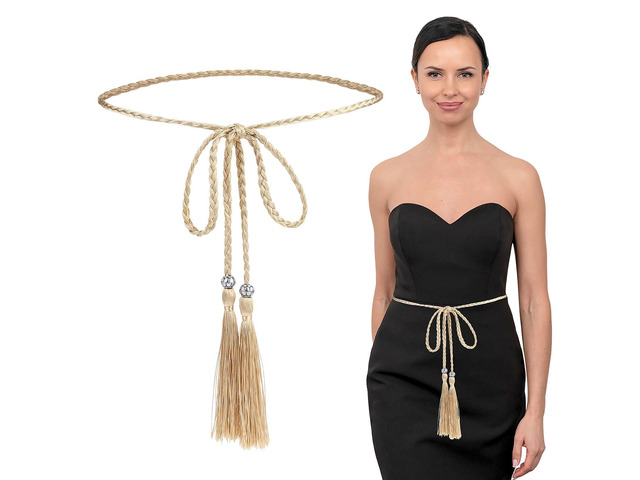 Women's Thin Braided Belt, Trendy Boho Thin Belt Waistband Gold Tassel Braided Waist Belt for Skirt Dress
