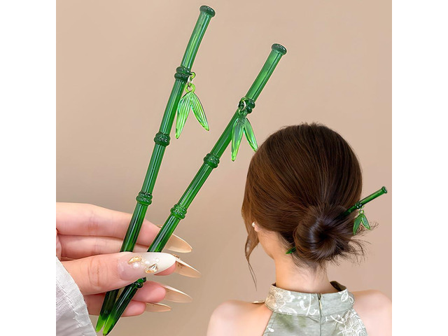 2Pcs Green Bamboo Leaf Hair Stick Pin Resin Chinese Hair Sticks for Buns Vintage Hair Chopsticks for Women Girls Hairpin Hairstick Japanese Hair...
