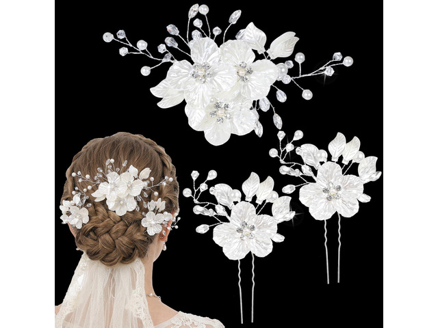 3 PCS Wedding Hair Piece, Rhinestone Hair Clips for Brides, Crystal Bridal Large Flower Pearl Hairpins for Brides Bridesmaids Women Girls