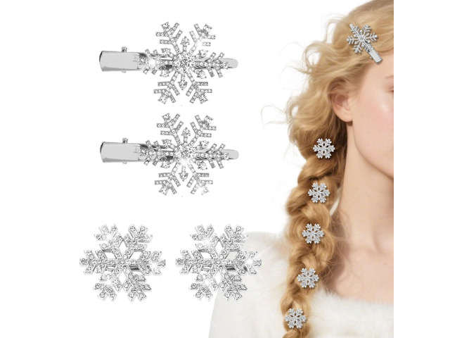 WHAVEL 4Pcs Rhinestone Snowflake Hair Clips Christmas Sparkly Metal Alligator Clips Silver Crystal Hair Barrettes Hairpins for Bride Wedding Winter...