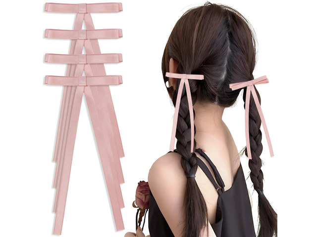 Hotalisona Pink Hair Bows for Women Girls, Pink Tassel Ribbon Bow Hair Clips Barrettes Solid Satin Cute Hair Accessories