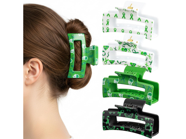 PANTIDE 4Pcs Mental Health Awareness Hair Claw Clips for Women Girls - Green Ribbon Mental Health Month Rectangle Nonslip Banana Hair Clips, Thin...