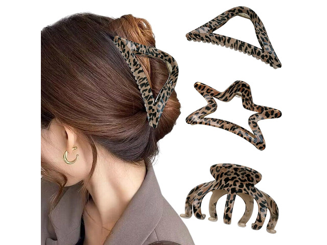 3Pcs Medium Acrylic Hair Clips Retro Brown Leopard Print Series Claw Clips Triangle Five-pointed Star Shape Non-Slip Strong Hold Banana Jaw Clips...