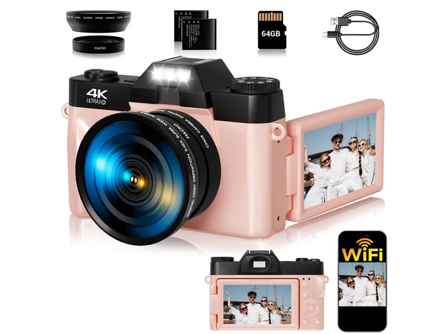 4K Digital Camera for Photography,75MP WiFi Vlogging Camera for YouTube, 3' 180° Flip Screen Point and Shoot Camera with 64GB SD Card, 2 Batteries,...