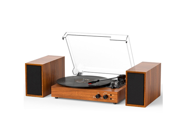 Vinyl Record Player with 2 External Speakers, PC Recording, Brown 3-speed belt-drive turntable, Bluetooth input, RCA/AUX/headphone, vintage home...