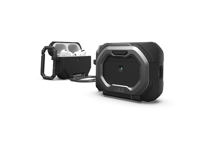 UAG Monarch for AirPods Pro 3 Gen Case 2025, with Built-in Phone Stand Black/Silver, Detachable Carabiner Clip, Double Latch Closure, Heavy Duty...