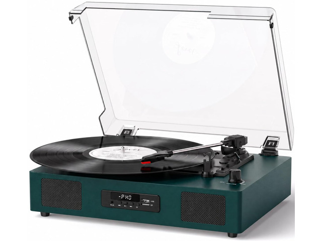 Vinyl Record Player with Stereo Speaker, Bluetooth 3-Speed Turntable, Green USB/SD Card Recording, Belt Drive 33/45/78 RPM LP Player, USB Music...