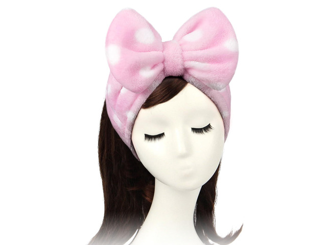Women Fashion Lovely Soft Carol Fleece Bowknot Bow Makeup Cosmetic Shower Elastic Hair Band Hairlace Headband (Pink Polka dots)