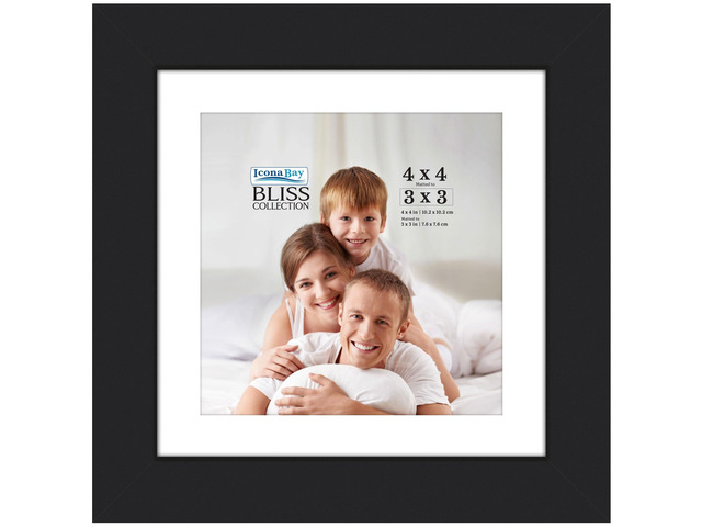 4x4 Mat to 3x3 Black Picture Frame - Engineered Wood, Collection photo frame with removable mat, shatterproof polystyrene cover sheet, modern...