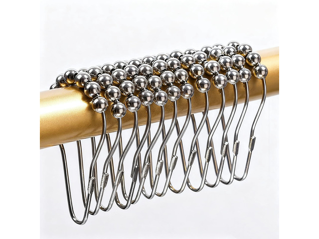 Shower Curtain Rings Hooks, Rust Proof Stainless Steel Hooks for Bathroom Shower Rods, Polished Nickel, 12 Pcs