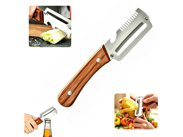 3-in-1 Multifunctional Vegetable Peeler with wooden grip, integrated grater and bottle opener. Practical kitchen tool for peeling, grating and...