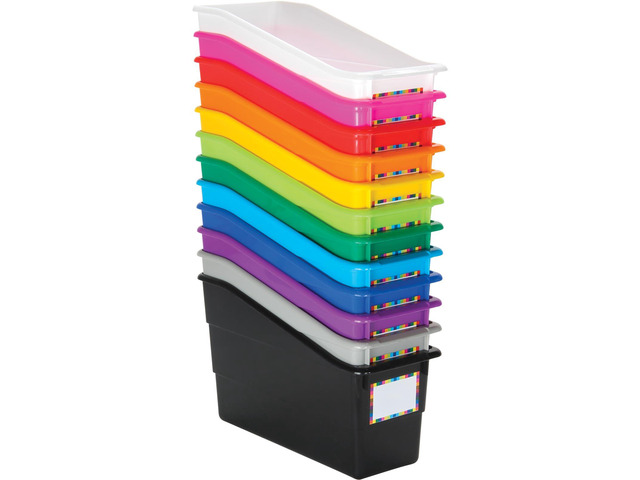 Rainbow Organizing Bins, Plastic Book Holders - 12-Pack Name Labels Included, Vertical Storage & Organization for Classroom & Home, Color Code...