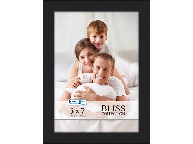 5x7 Black Picture Frame - Engineered Wood, Bliss Collection Icona Bay sturdy photo frame, shatterproof polystyrene cover sheet, modern style,...
