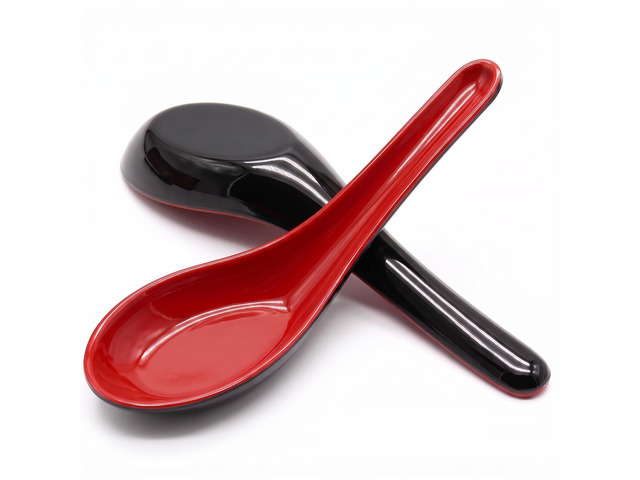 2PCS Asian Soup Spoons, Red and Black Melamine Chinese Japanese Miso Ramen, Wonton Dumpling Pho, Rice Noodle Soba