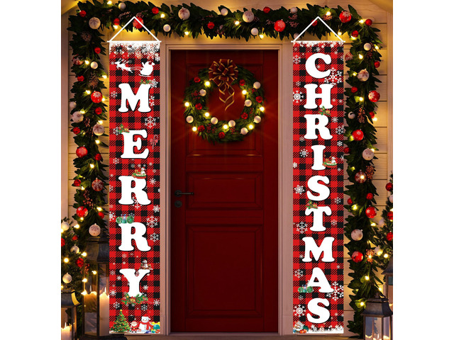 MERRY CHRISTMAS Hanging Banner Porch Sign & Christmas Stree Snow Pattern Backdrop for Home Yard Indoor Outdoor Wall Door Party Decorations 72'x12'