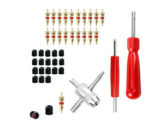 Micsci Valve Stem Removal Tool, 20 PCS Valve Cores, 20 PCS Tire Valves Caps, 1 PCS 4-Way Valves Tool, Valve Core Remover Tool with Storage Box...