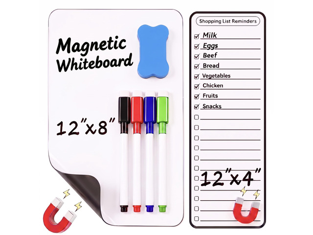 Dual-Sized Magnetic Whiteboard Set for Fridge 4 Markers and Eraser Magnetic Dry Erase Board, 12' x 8' & 12' x 4' White board Set for Grocery...